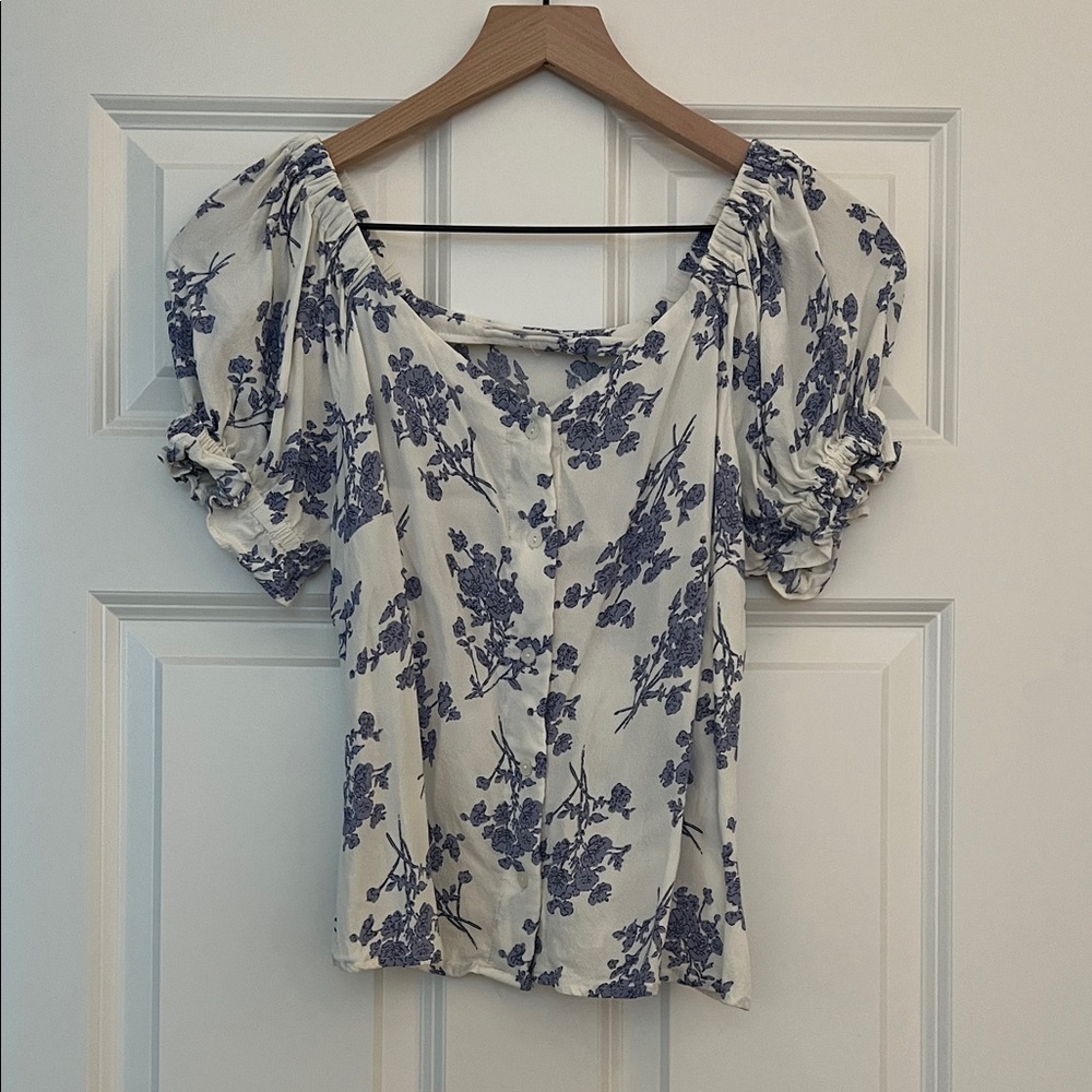 Mango Blue Floral Puff Sleeve Blouse